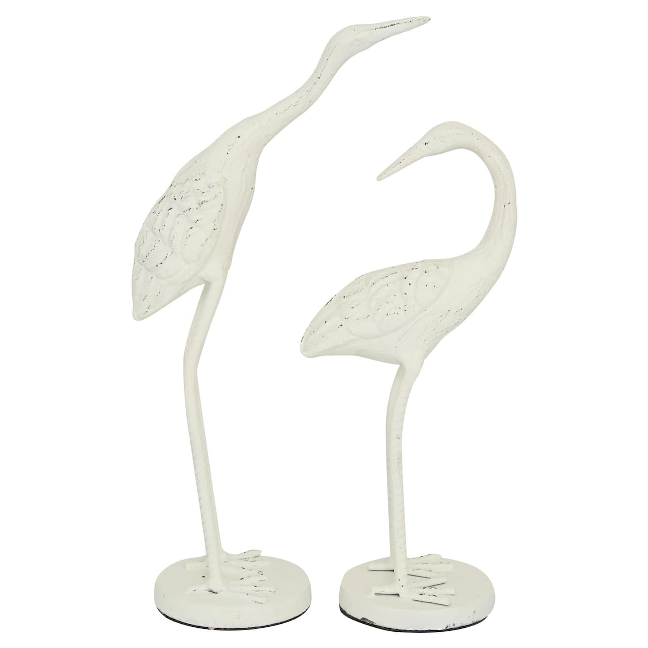 Set of 2 White Metal Coastal Bird Sculpture, 10&#x22;, 12&#x22;